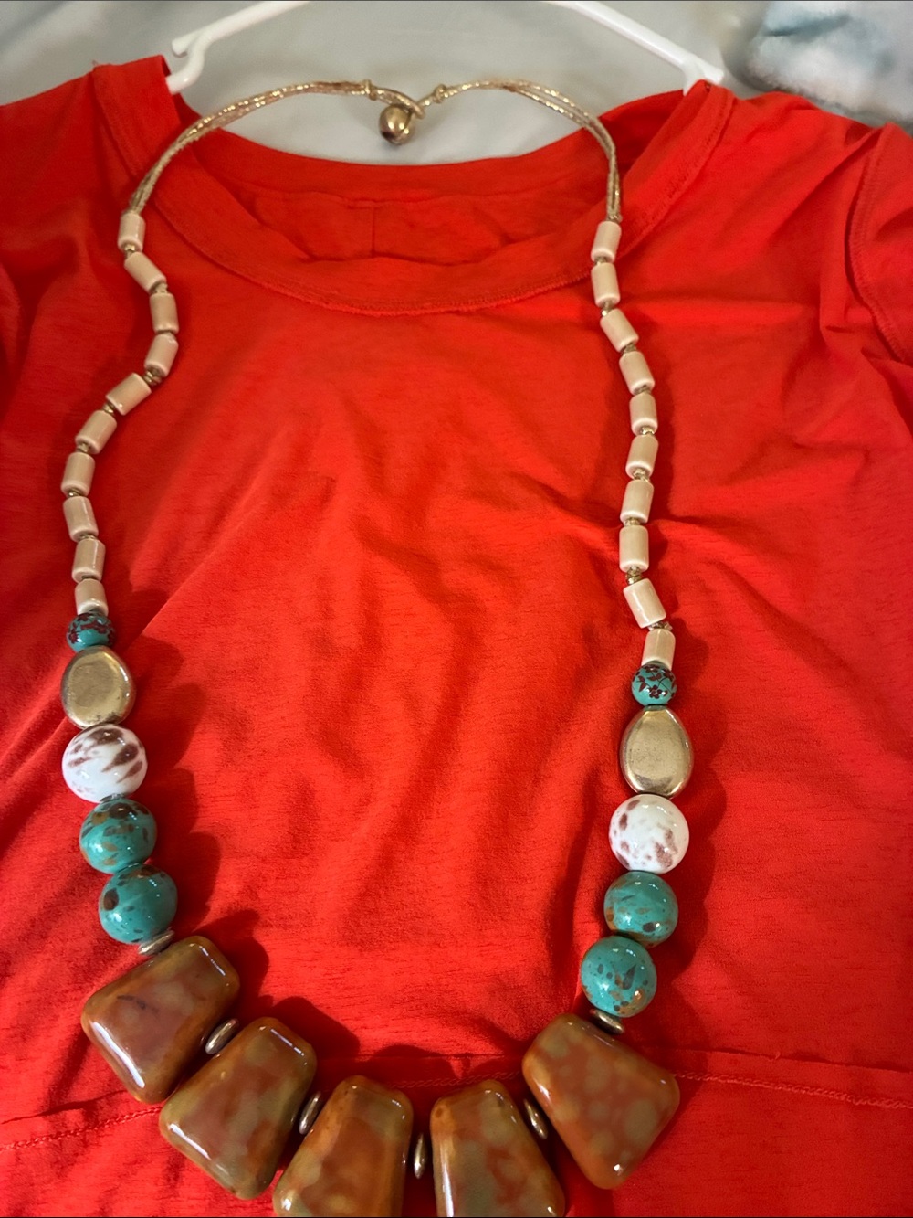 Anthropologie Turquoise, Cream & Brown Beaded Statement Necklace